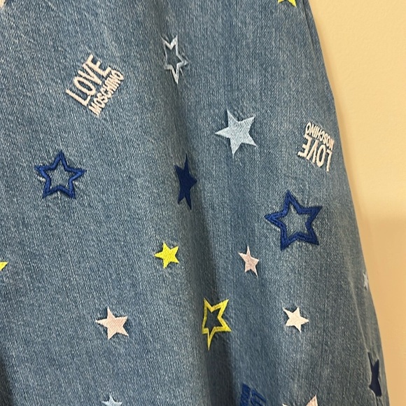 LOVE MOSCHINO Women’s Flounced Embroidered Sleeveless Denim Dress Sz 4 Girly - Picture 7 of 13